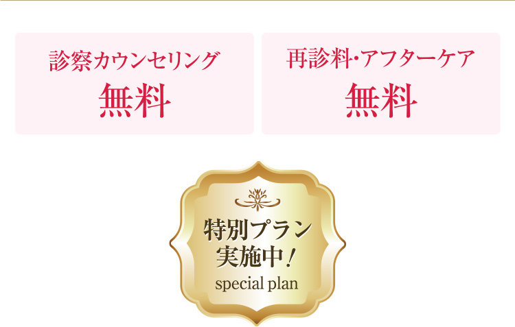 診察カウンセリング、再診アフターケアは無料です